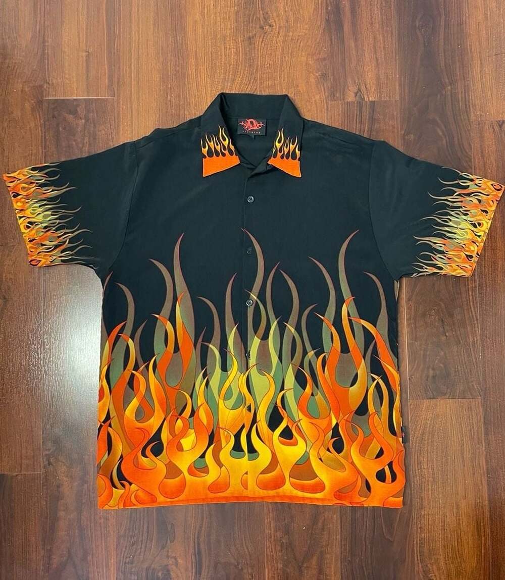Dragon Clothing Vintage Flame Print Short Sleeve Button Down Shirt Size L
